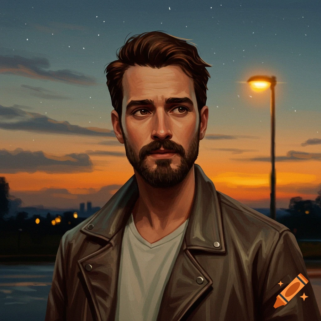 Digital portrait of a man in a leather jacket at twilight on a street with a lamp post.