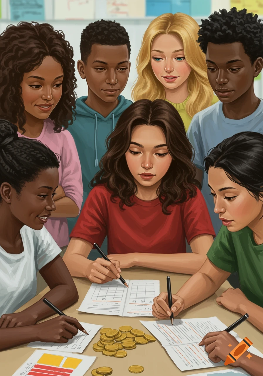 Illustration of diverse teenagers studying finance with papers and coins