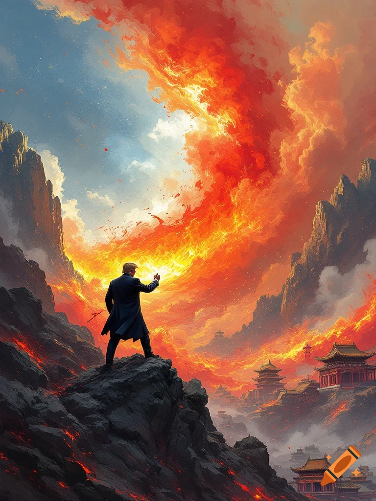 Donald Trump on a rock looking at a fiery sky over mountains and Asian architecture.