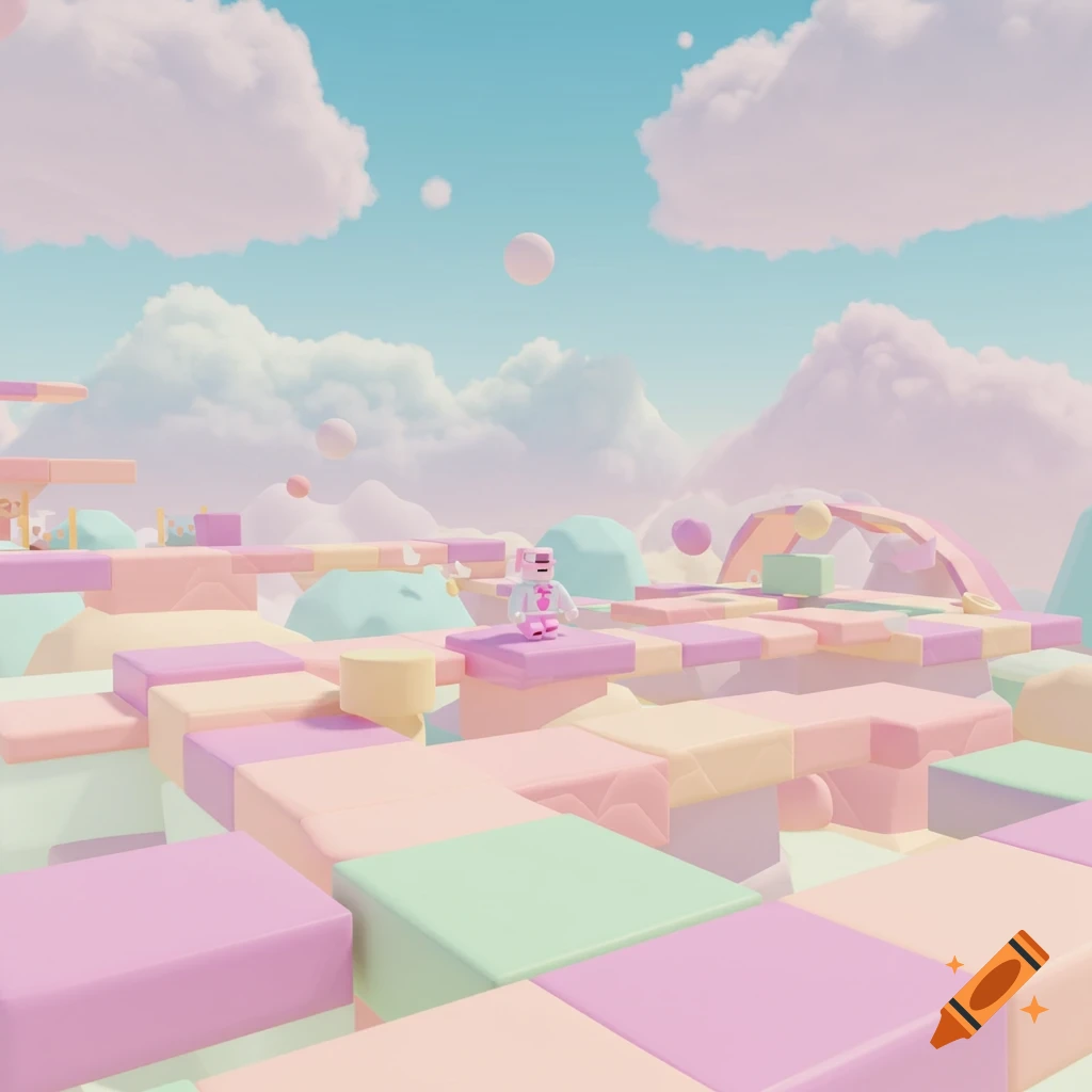 A stylized pastel landscape with platforms and a small figure, like a Roblox obby.