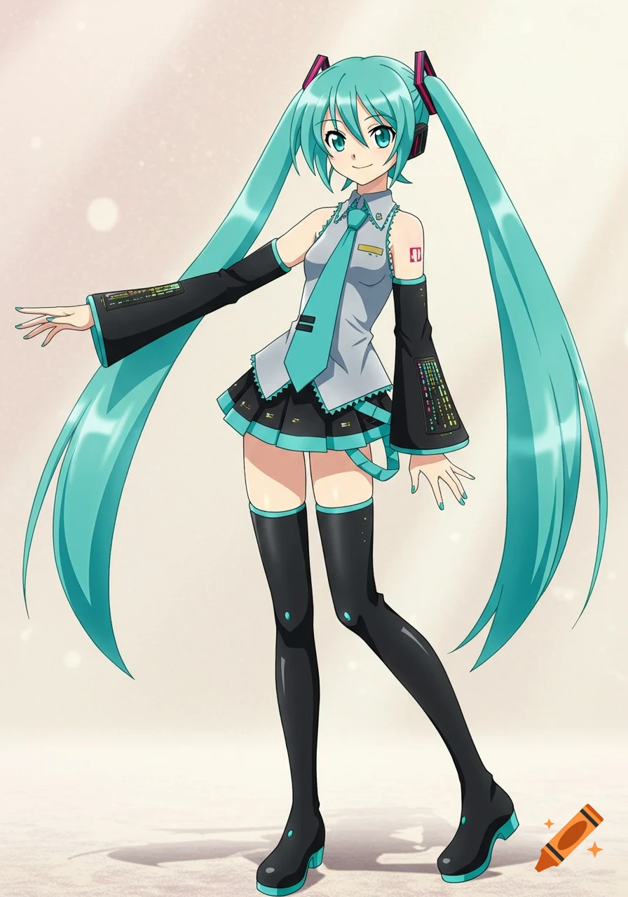 Anime character Hatsune Miku standing, wearing her signature outfit.