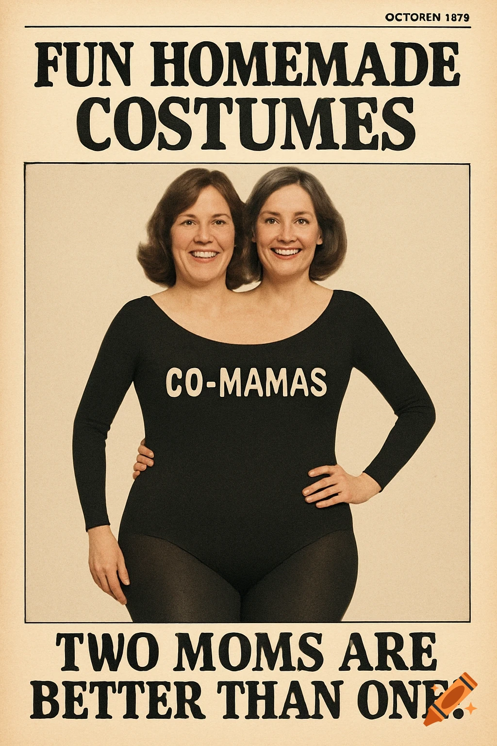 Vintage magazine cover style image of two smiling women sharing a black leotard, creating a two-headed illusion. Text reads \