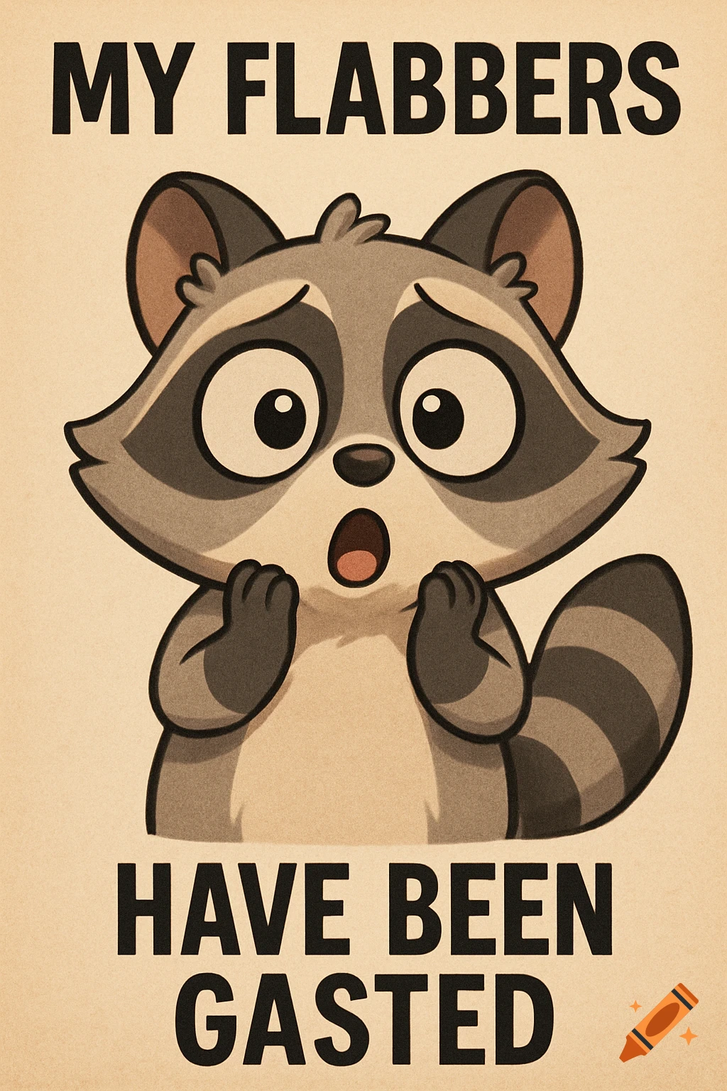 Cartoon raccoon looking surprised with text 'MY FLABBERS HAVE BEEN GASTED'