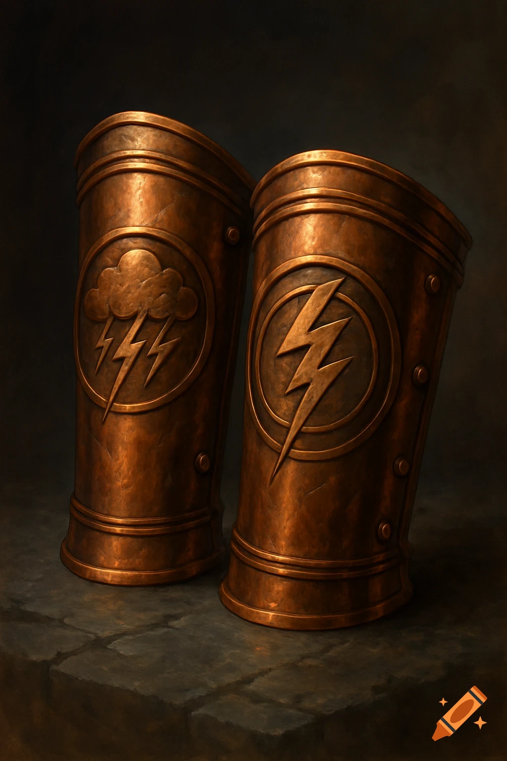 Two copper bracers sit on a stone surface. One is inscribed with a cloud and lightning, the other with a lightning bolt.