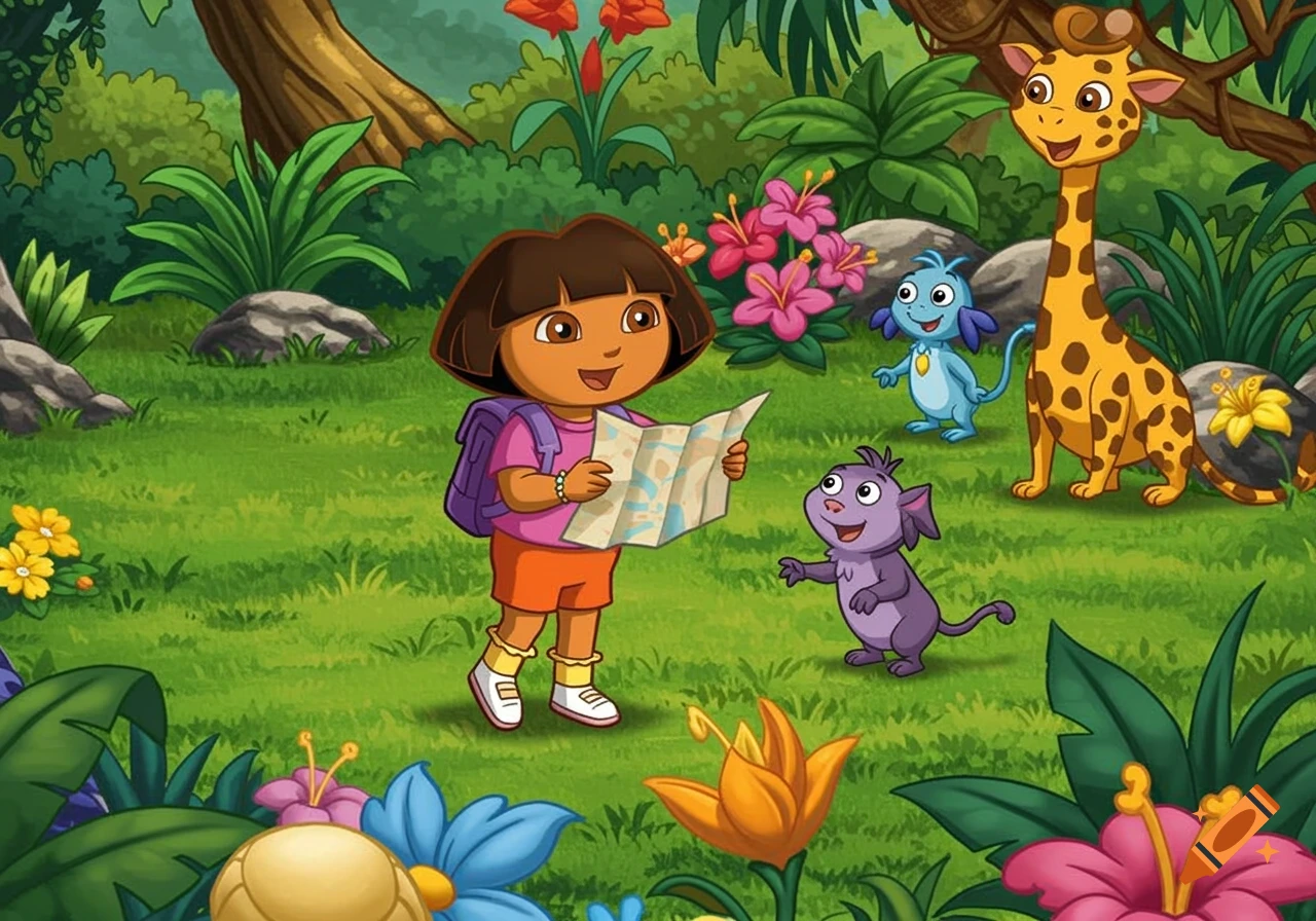 Cartoon of Dora the Explorer holding a map in a jungle with animal friends