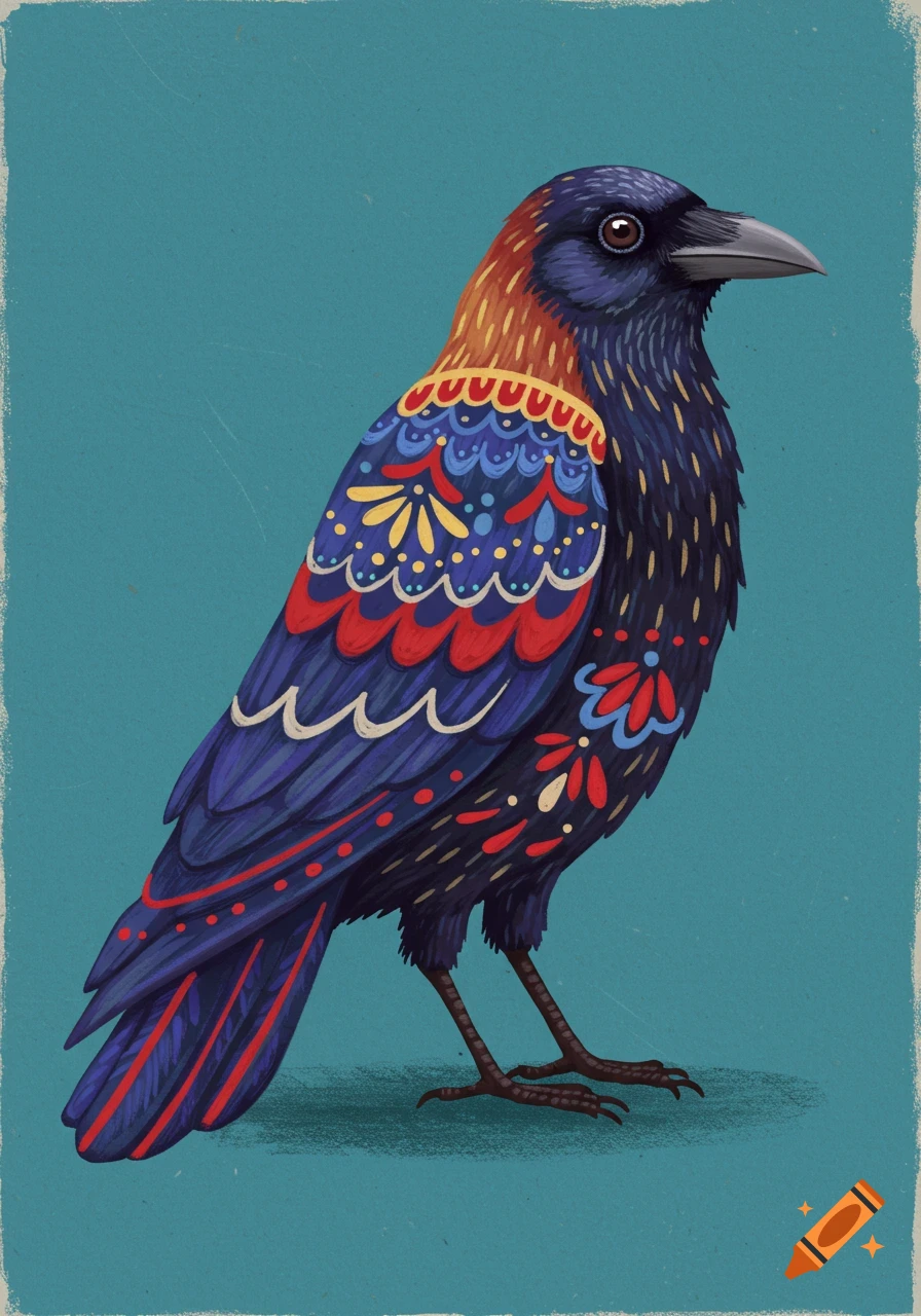 A colorful folk art illustration of a crow with decorative patterns on a teal background.