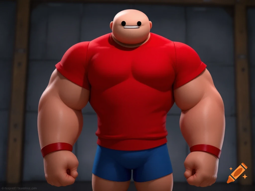 A muscular cartoon character with a tiny head in a red t-shirt and blue briefs.