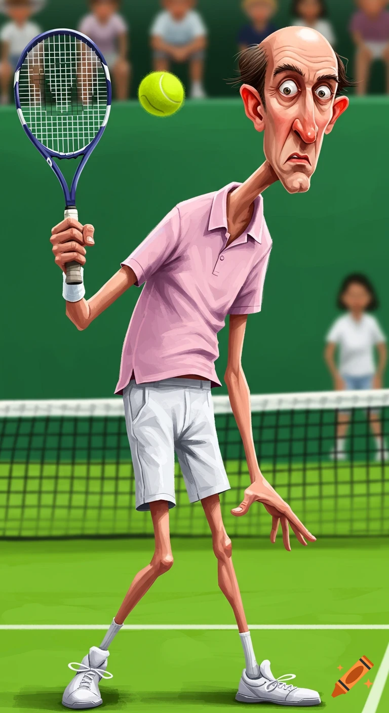 Caricature of a lanky, balding man playing tennis