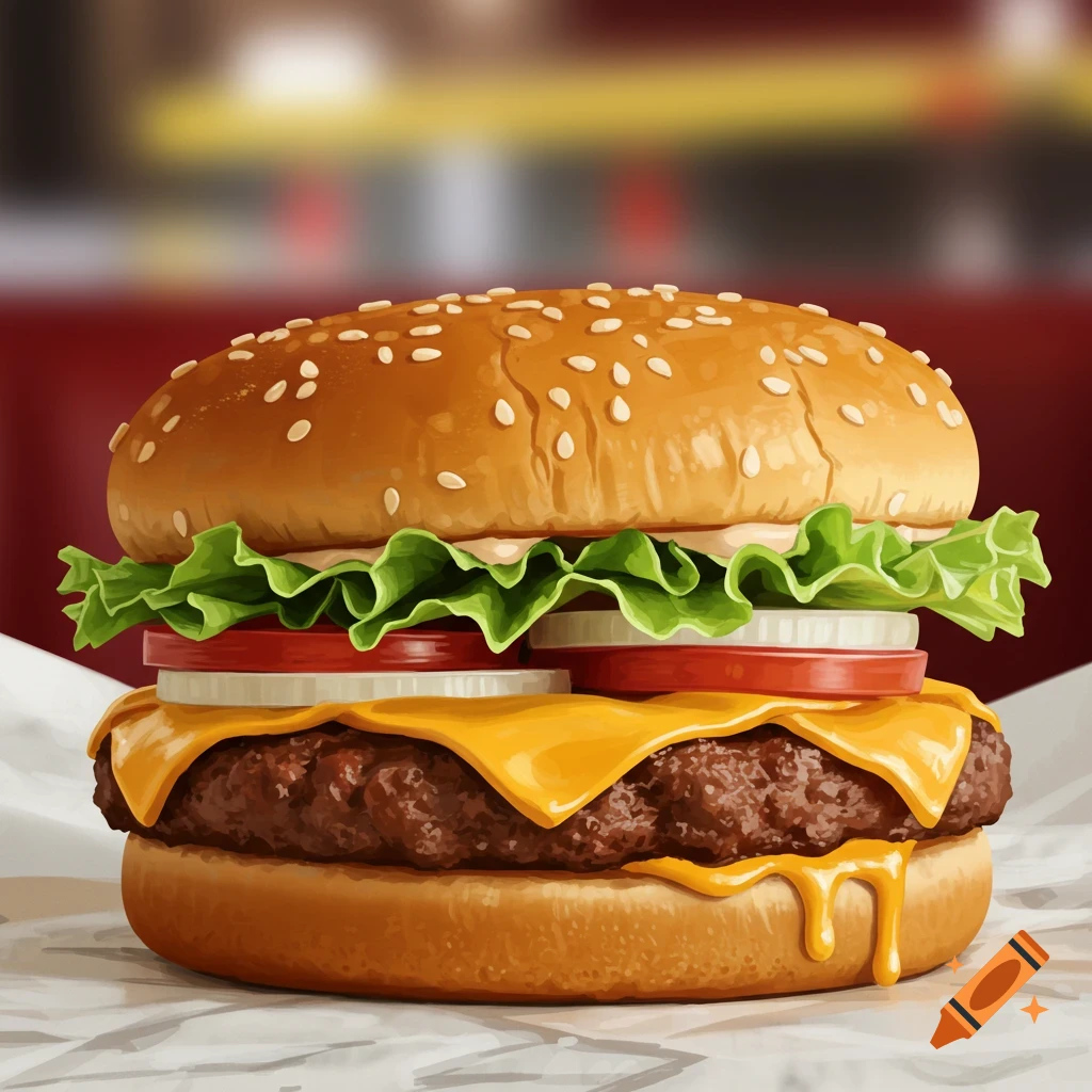 Stylized illustration of a cheeseburger with lettuce, tomato, onion, cheese, and sesame seed bun on paper.