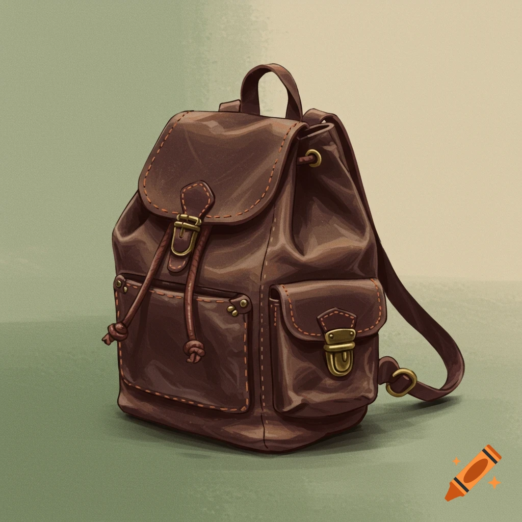 An illustrated brown leather backpack.