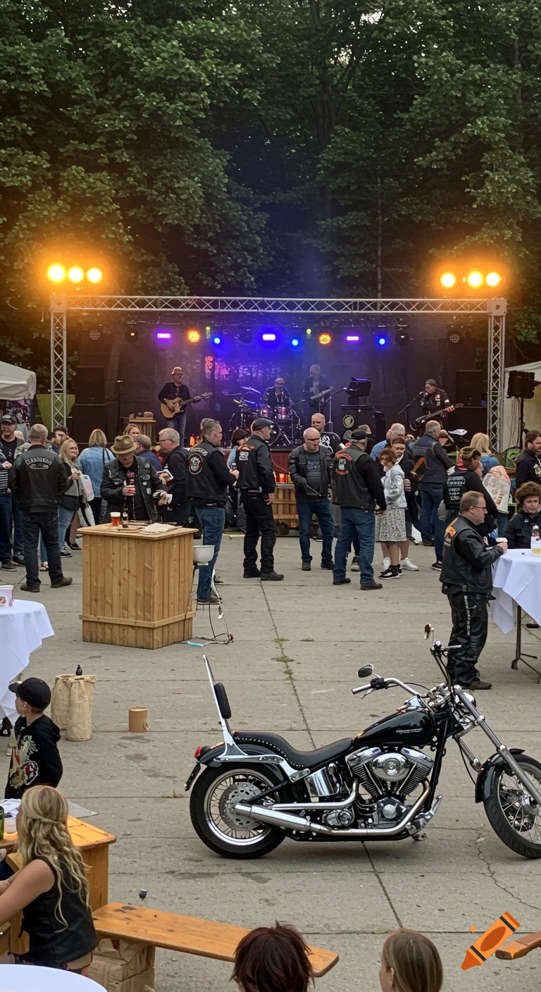 Outdoor rock concert party with a live band, crowd, and motorcycle in foreground.