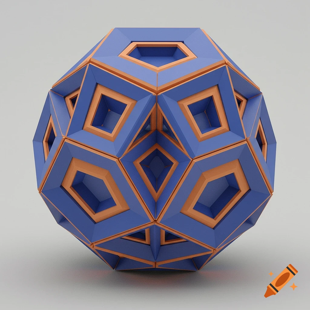 A blue and orange geometric shape with many faces.