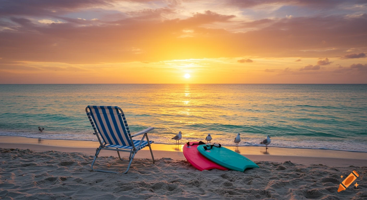 A beach chair and boogie boards sit on the sand at sunrise with seagulls nearby.