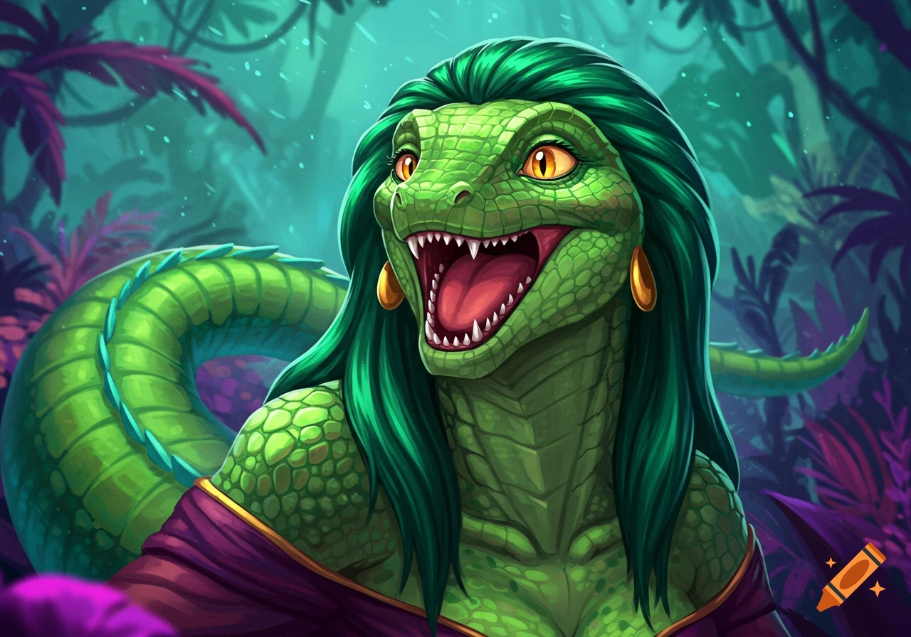 Anthropomorphic green lizard woman with green hair and gold earrings, smiling in a jungle.