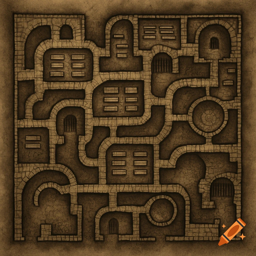 A top-down fantasy map of a dungeon or catacombs with stone walls and various rooms and passages.