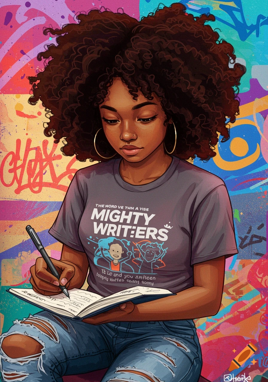 Illustration of a young Black woman with curly hair writing in a notebook against a colorful graffiti background.