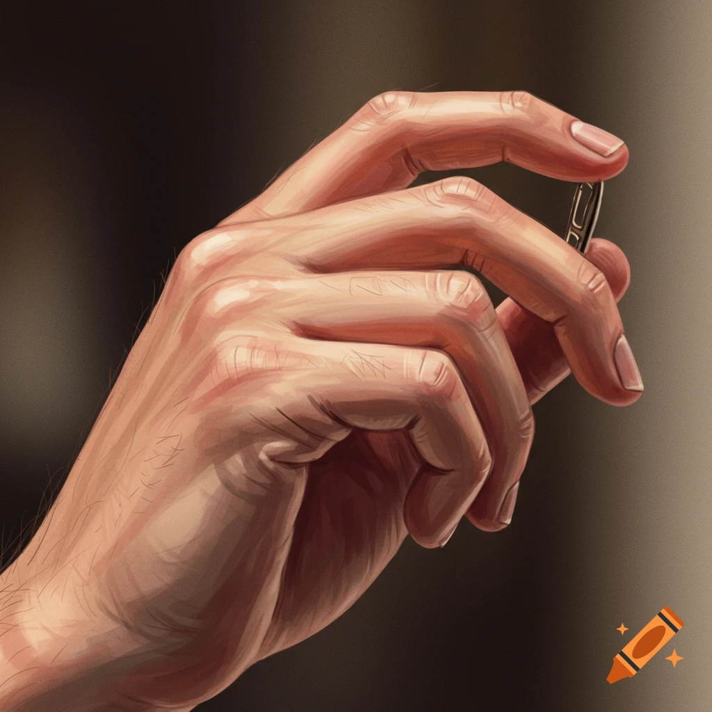 Digital painting of a hand holding a small metal clip.