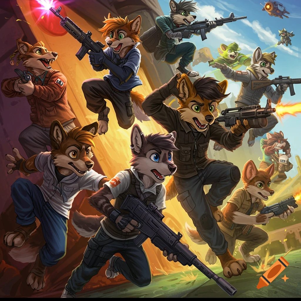 A dynamic illustration of multiple furry characters running and shooting tactical weapons.