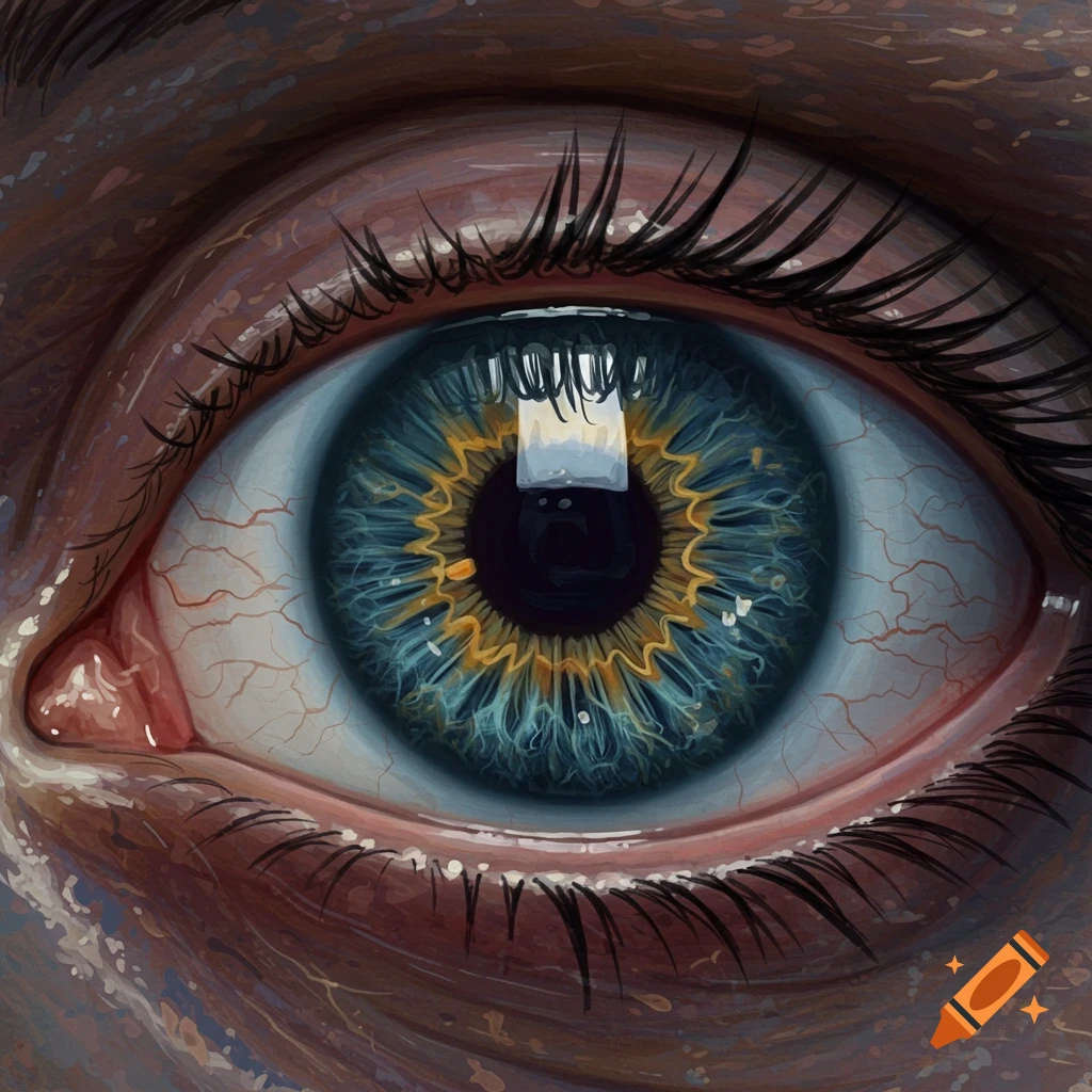 Close-up illustration of a detailed blue and gold human eye.