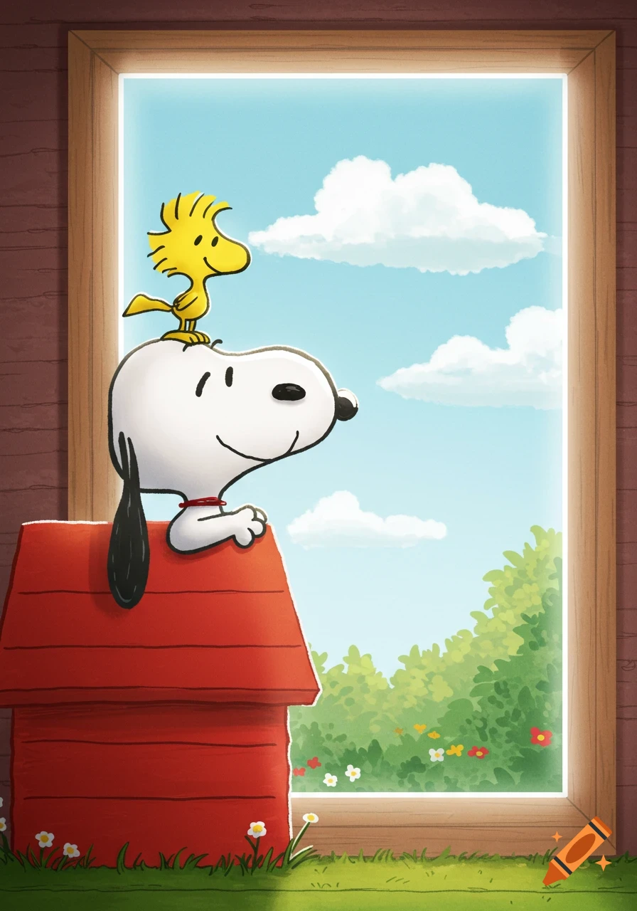 Cartoon of Snoopy on his red doghouse with Woodstock on his head, looking out a window at a sunny sky.