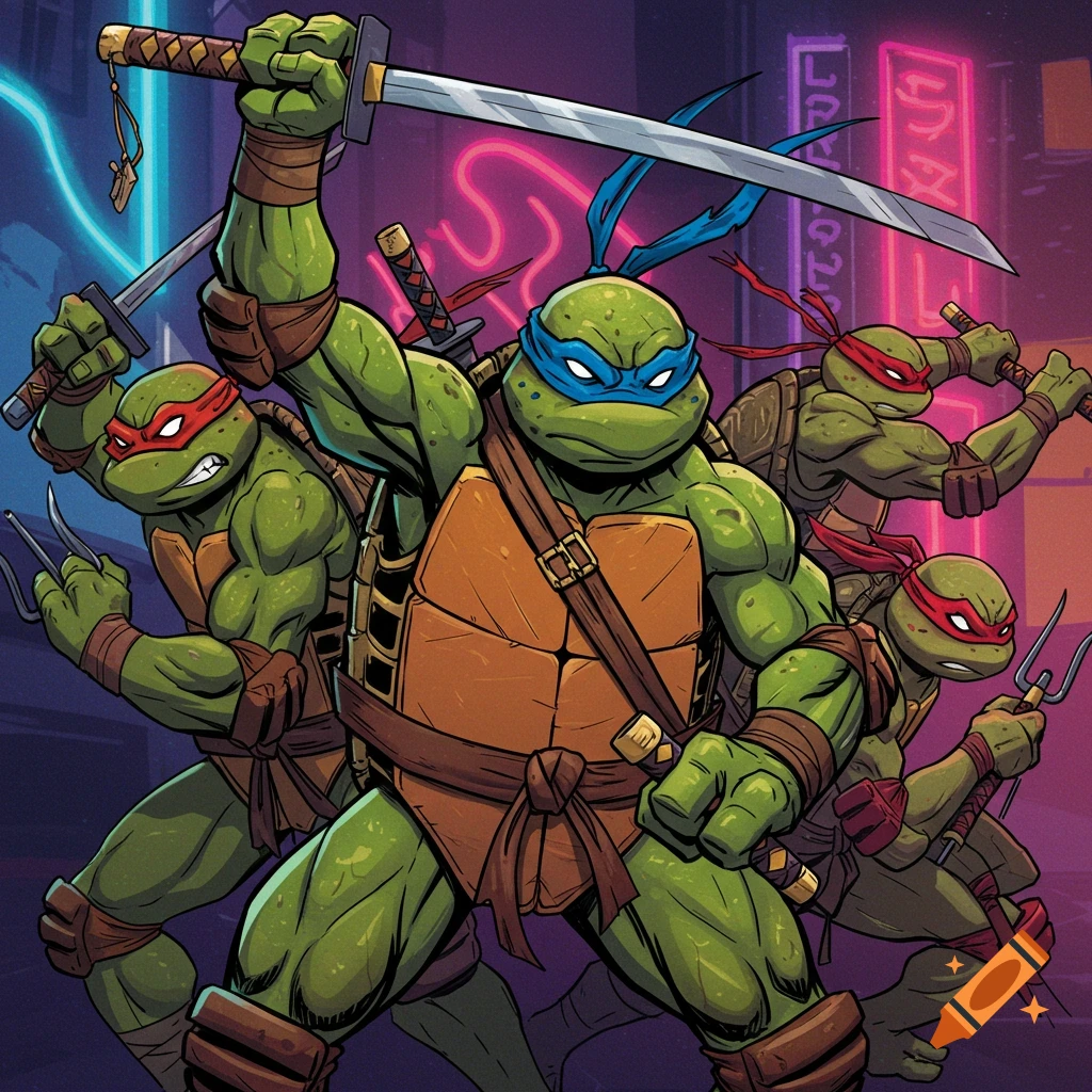 Four Teenage Mutant Ninja Turtles in an action pose with weapons against a neon city background, in a comic book style.