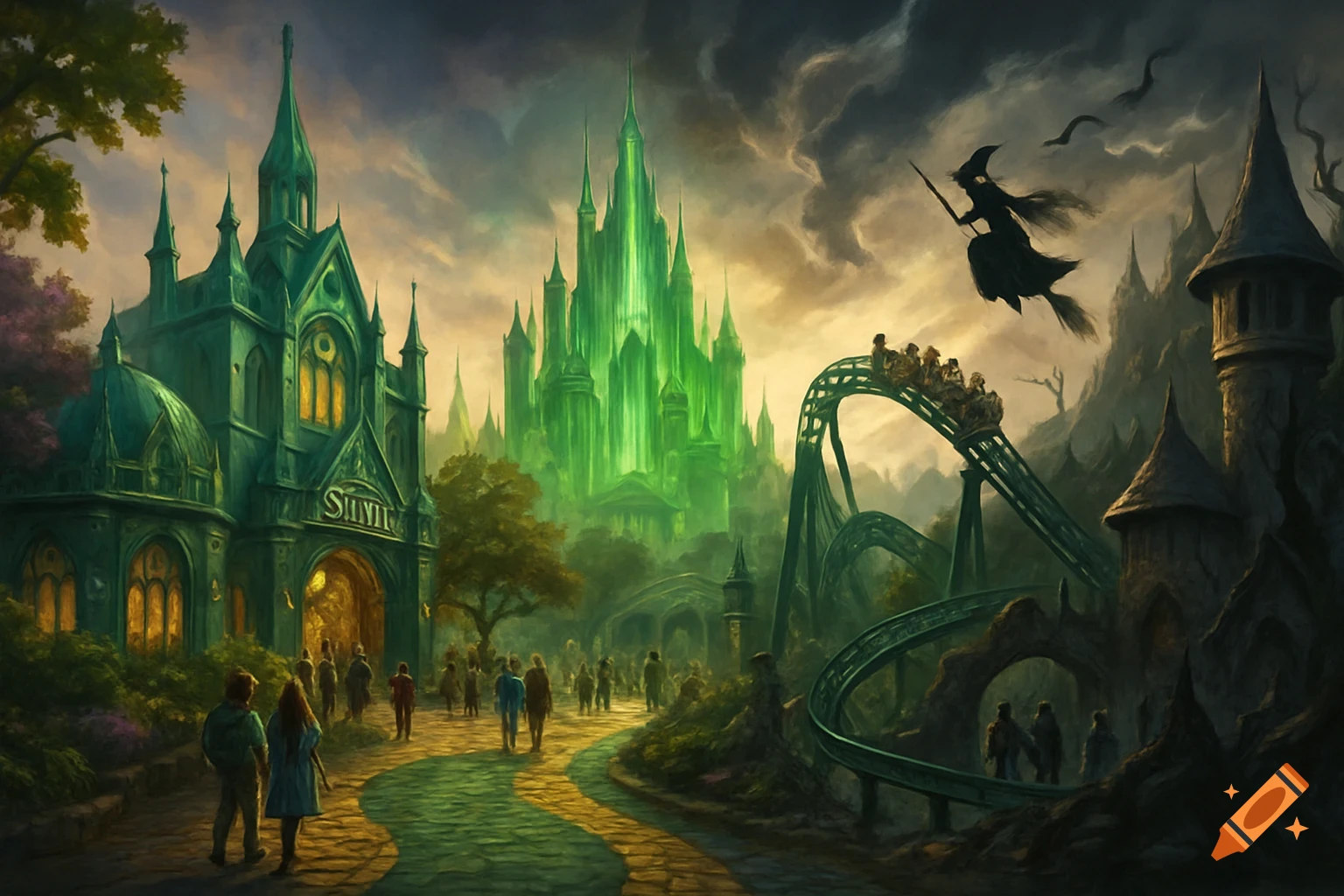 Fantasy theme park with a green castle, roller coaster, and people walking, with a witch flying overhead.