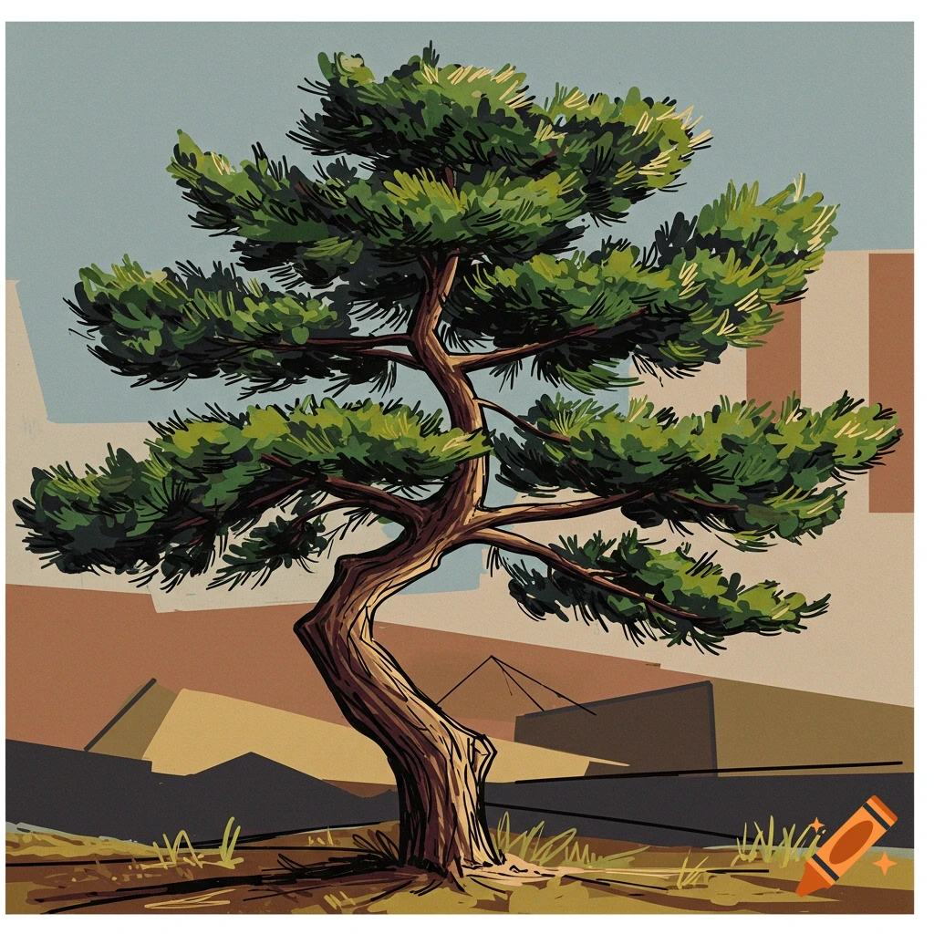Stylized pine tree in an abstract landscape.