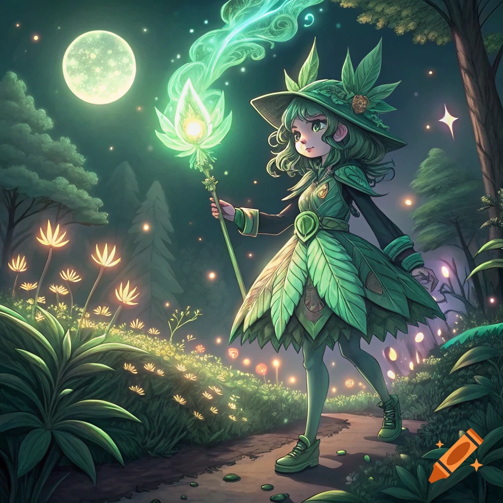Anime magical girl in a leafy dress stands on a forest path at night, holding a glowing staff.