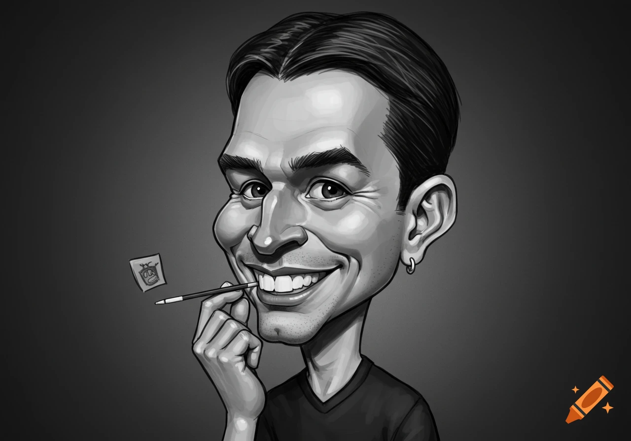 Black and white caricature portrait of a man holding a pen