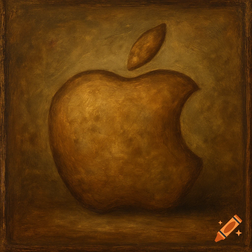 A painting of the Apple logo rendered in a dark brown, textured style, like an aged 1800s oil painting.