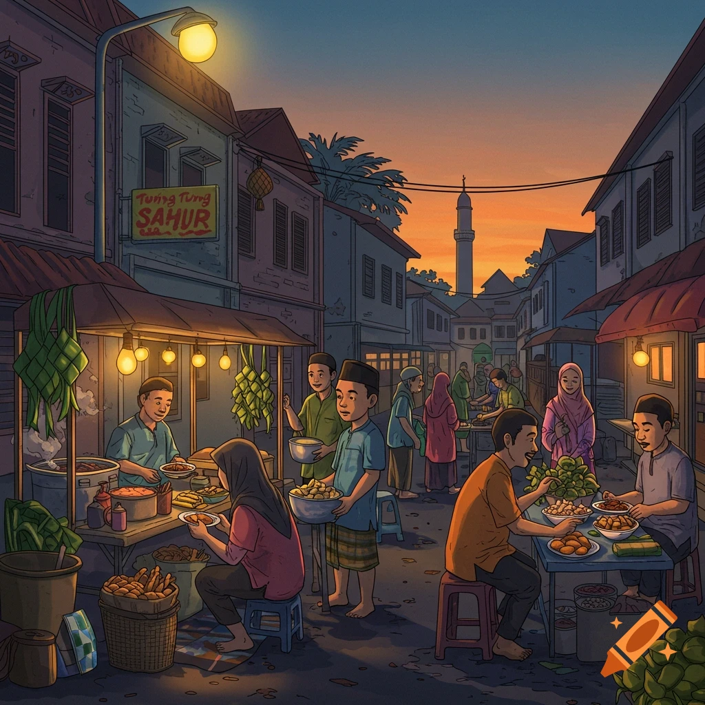 Illustrated street market scene at dusk with people buying food