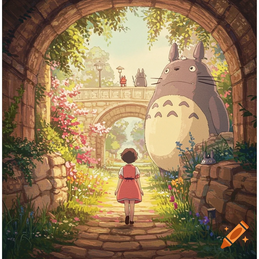 A child walks toward a bridge past Totoro in a fantasy landscape, Studio Ghibli style.