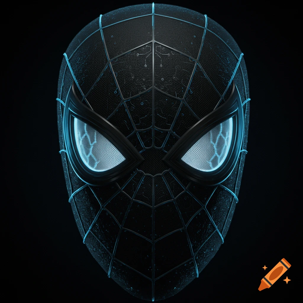 A close-up render of a black Spider-Man mask with glowing blue circuit lines and bright eyes, against a dark background.