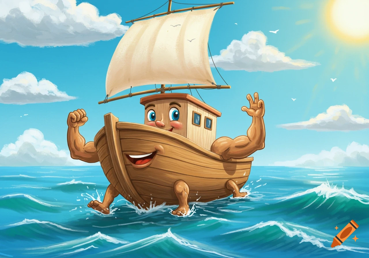 Cartoon boat with a smiling face, muscled arms, and legs sails on the sea under a sunny sky.