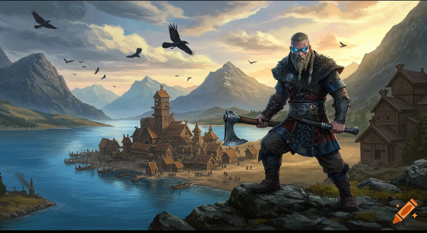 Viking with glowing eyes looking over a village by a lake with mountains and birds