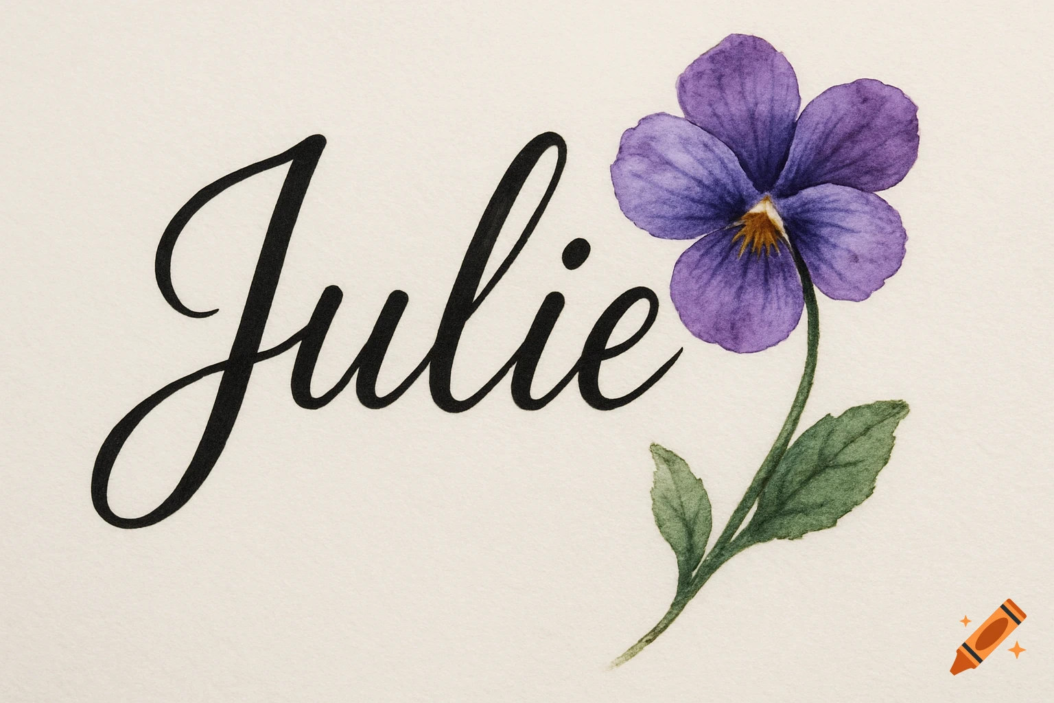 The name Julie in black script next to a purple watercolor violet.