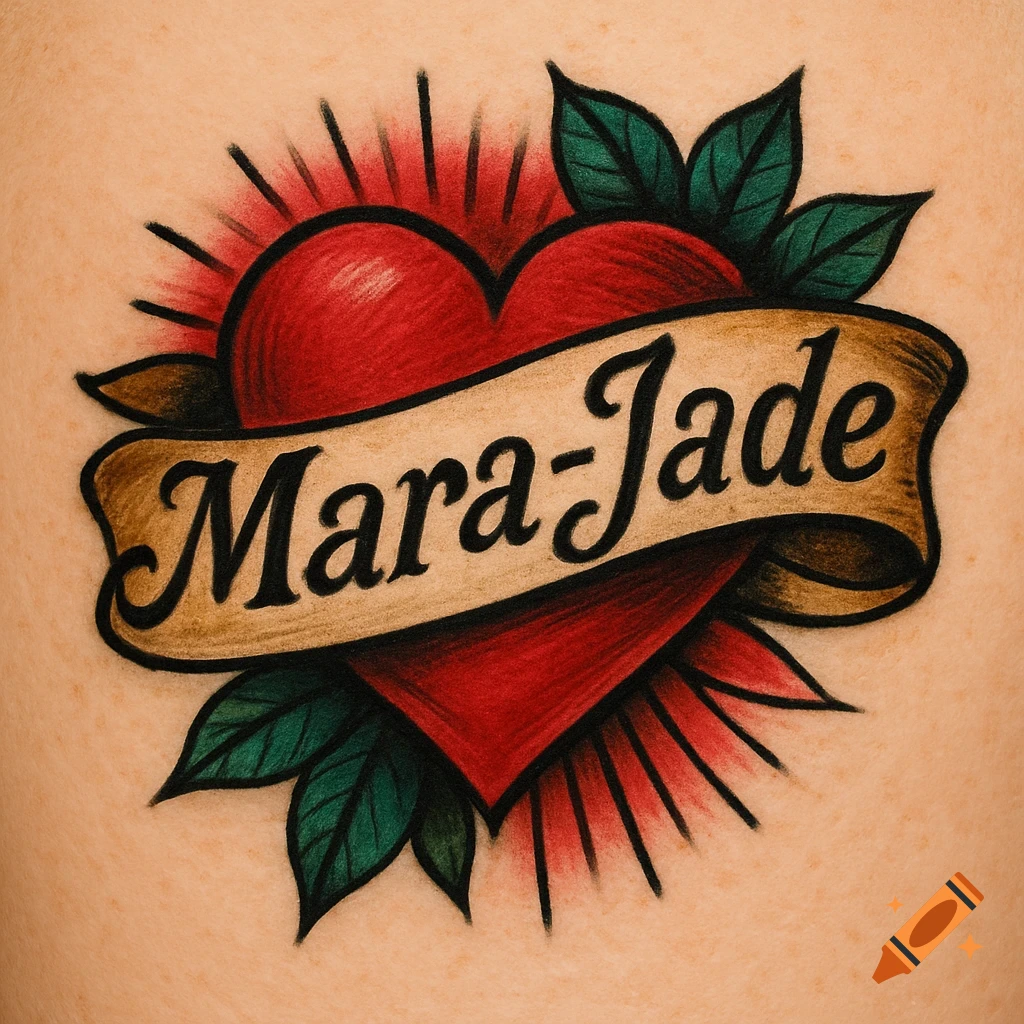 Traditional tattoo of a red heart with a banner across it reading 'Mara-Jade', surrounded by leaves.