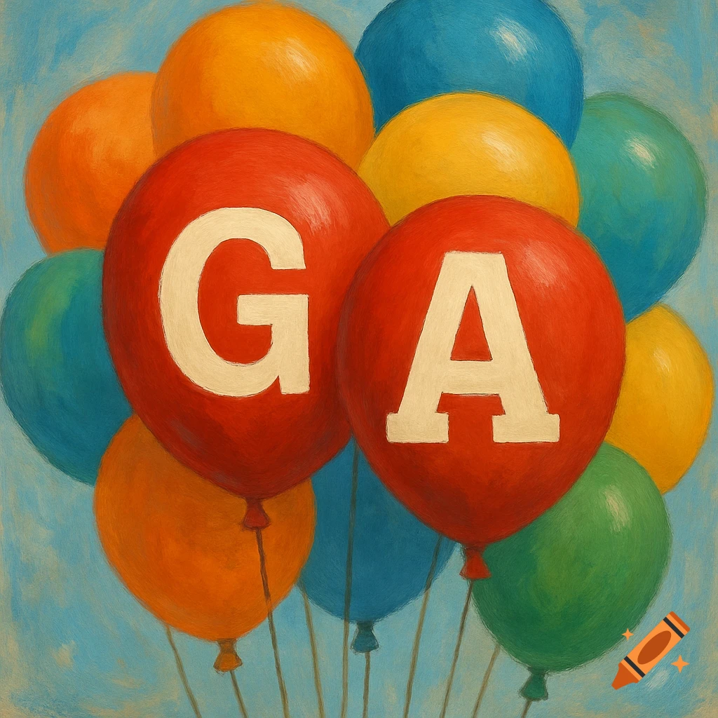 Colorful balloons, two red ones bearing the letters GA, in a painterly style.