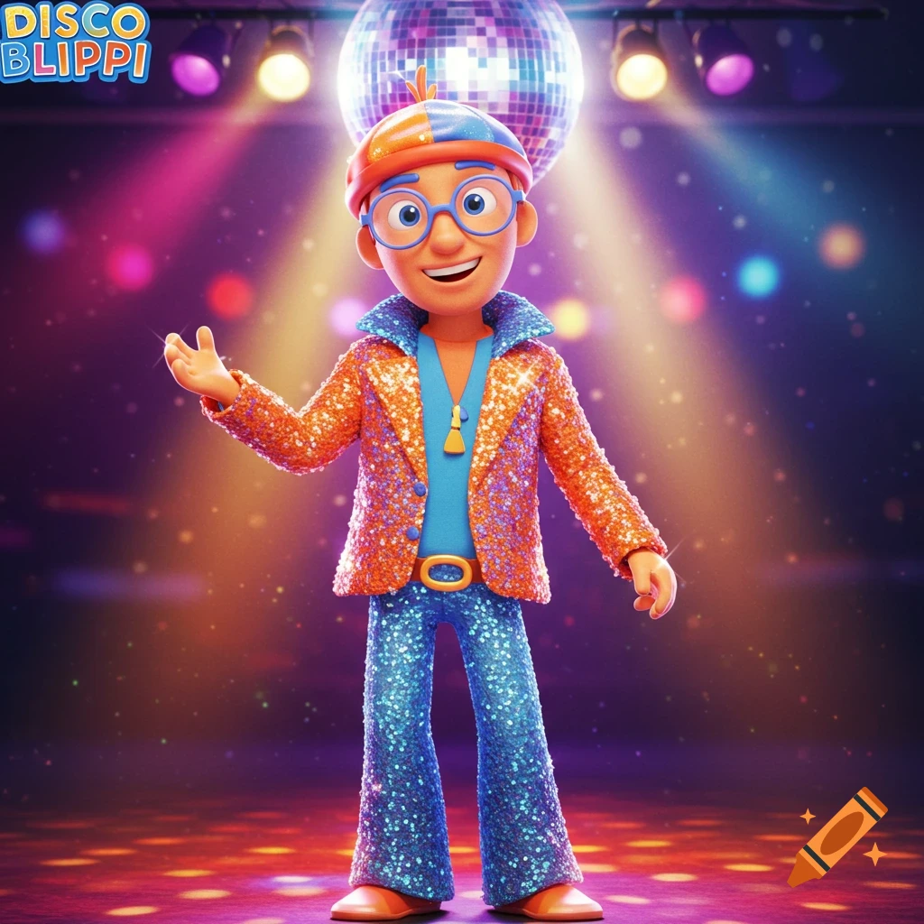 Cartoon character in sparkly disco outfit dancing under disco ball