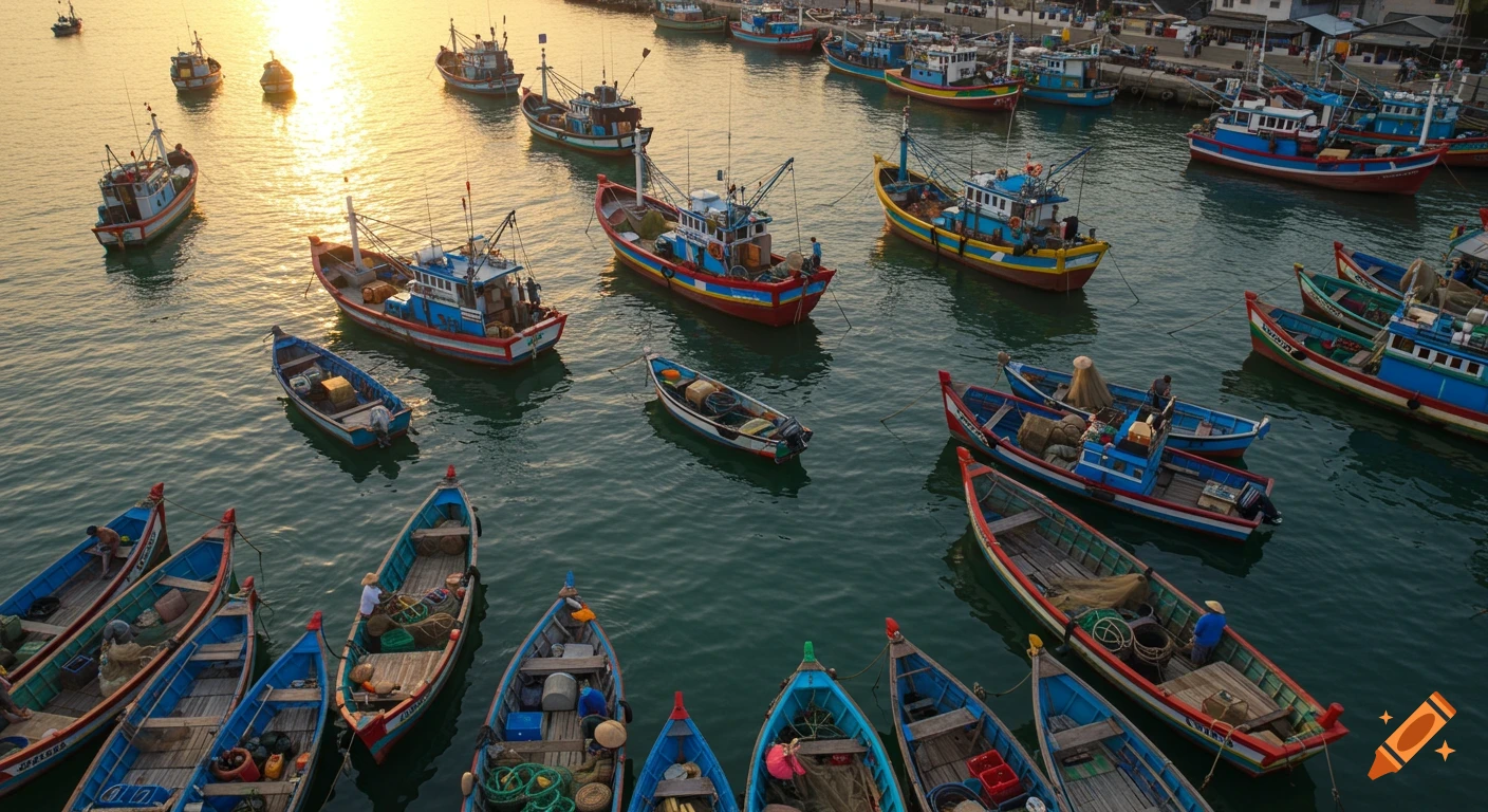 Many colorful fishing boats are docked in a crowded harbor at sunset.