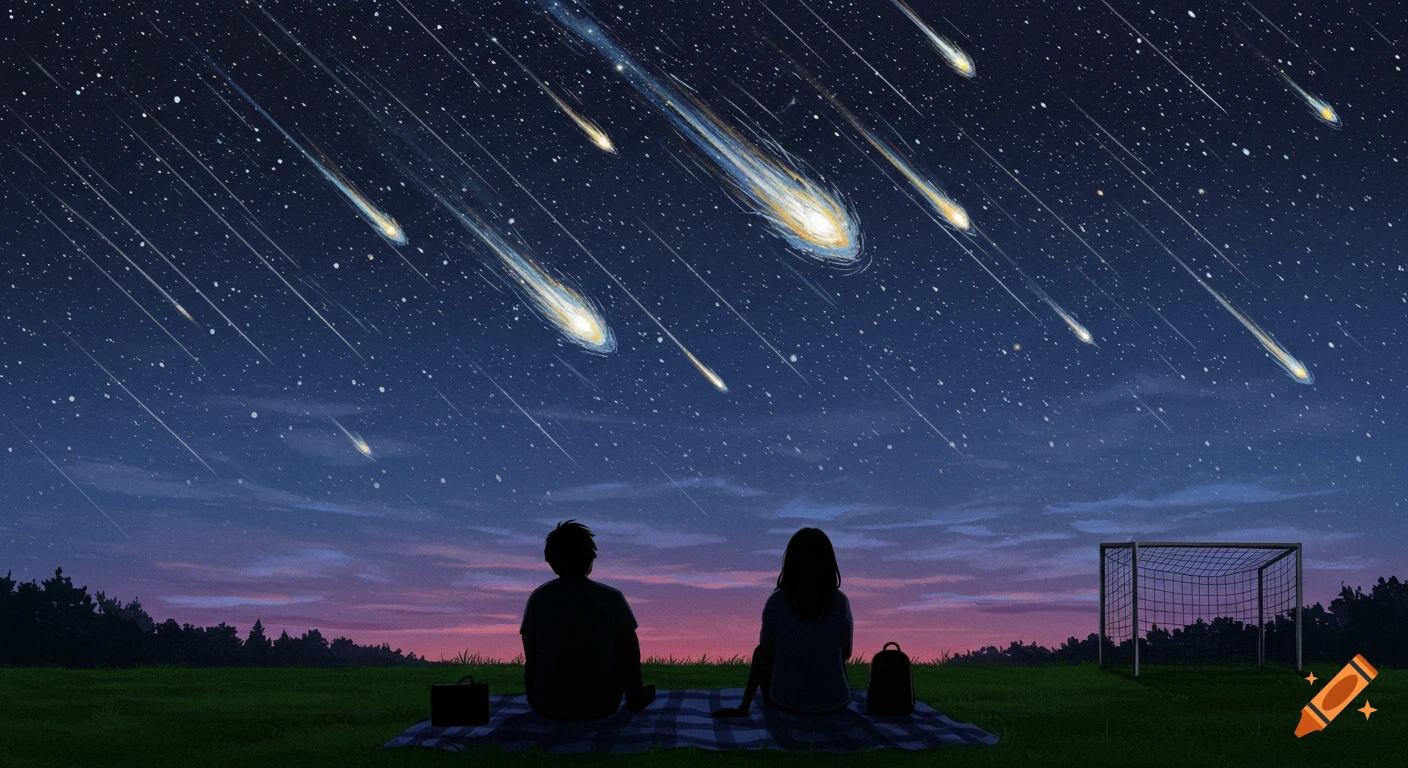 Silhouetted couple sits on a blanket watching a meteor shower over a soccer field at night, in the style of Van Gogh.