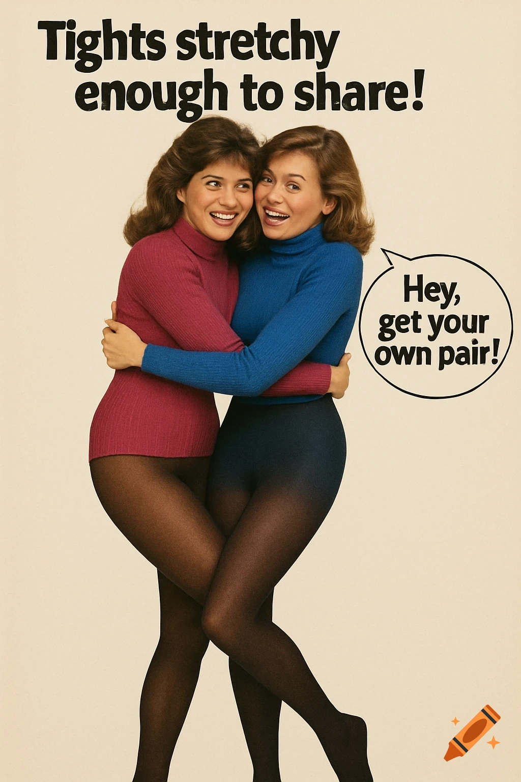 Two women in 1980s fashion hugging in a vintage ad for tights.