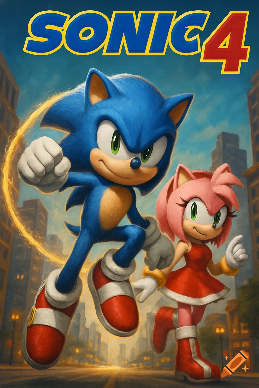 Sonic and Amy Rose in a city in movie poster style with SONIC 4 text