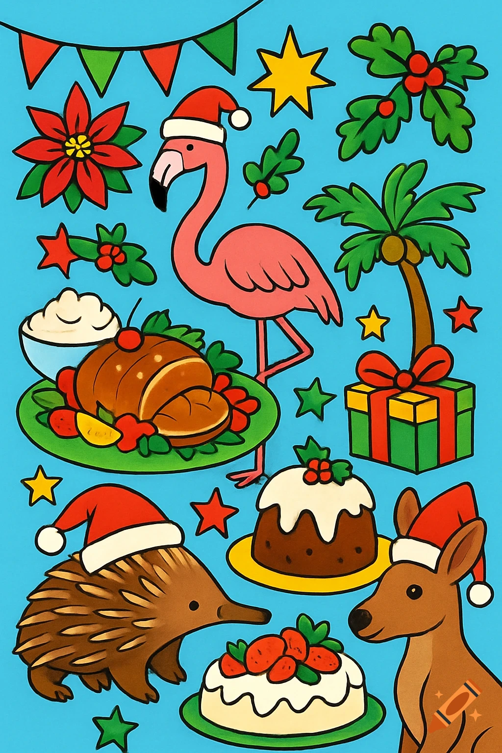 Colourful illustration of Australian animals, Christmas food and decorations on blue background.