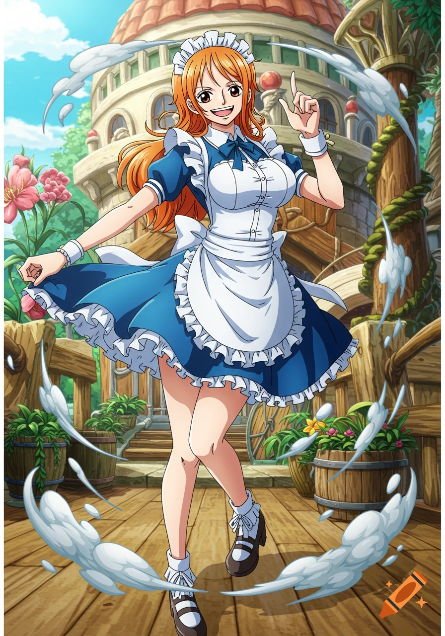 Nami from One Piece wearing a maid outfit in an anime style illustration
