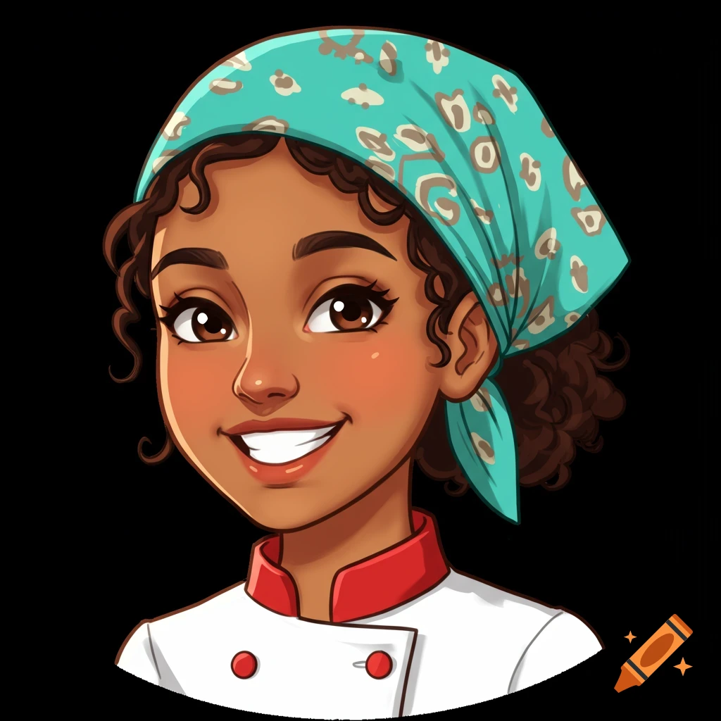 Cartoon portrait of a female chef wearing a headscarf.