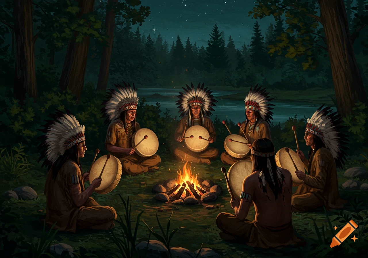 Group of Native Americans with feathered headdresses play drums around a campfire at night by a river.