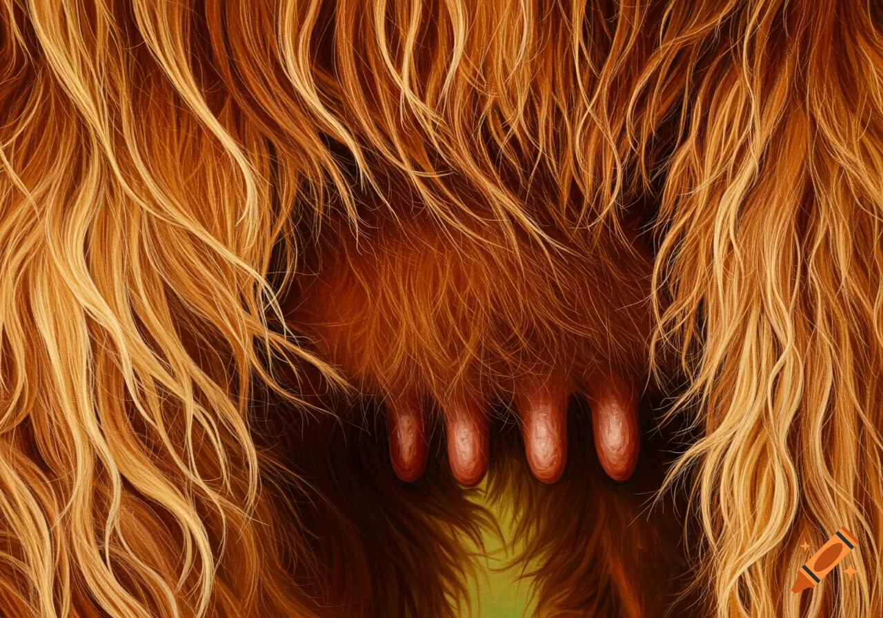 Close-up of a hairy udder with four teats surrounded by long shaggy fur.