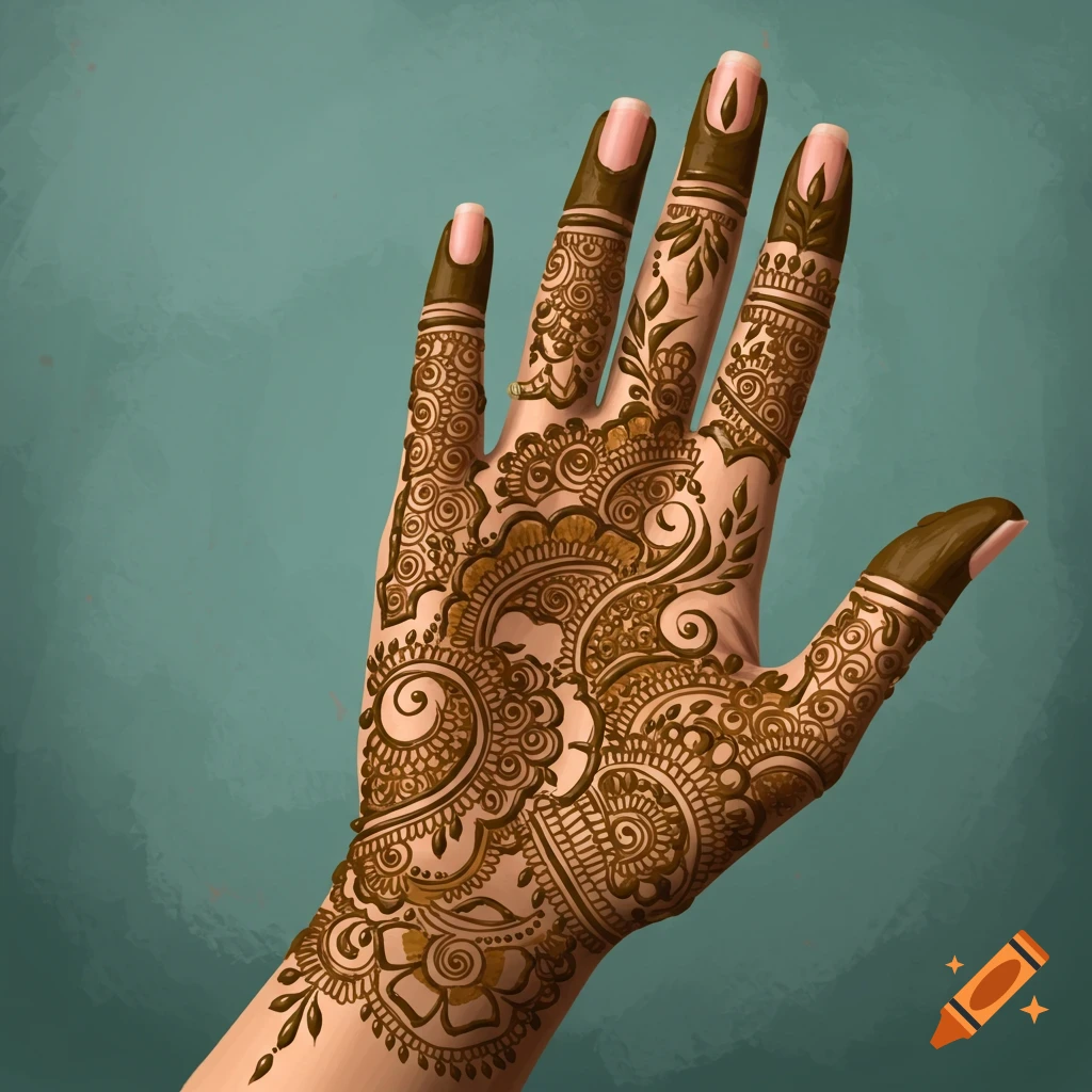 A hand decorated with intricate brown henna patterns.