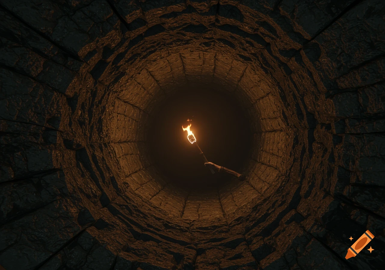 Looking down into a dark stone well or hole, lit by a torch.
